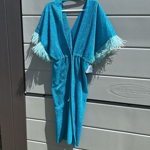 Blue Glitter Kaftan with Feather Trim - BRAND NEW - One Size - Glitter Cover Up - Picture 3 of 4